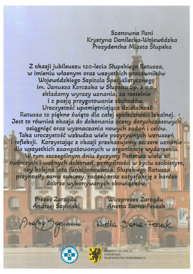 Na zdjęciu widzimy treść życzeń ze strony Wojewódzkiego Szpitala Specjalistycznego im. J.Korczaka w Słupsku